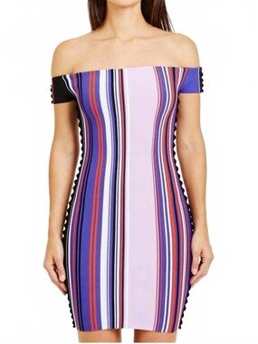OPENING CEREMONY | Stripe Knit Off-Shoulder Mini Dress In Purple Multi